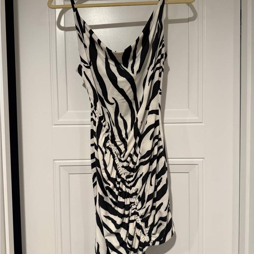 AFRM Zebra Print Ruched Slip Dress - Black & White